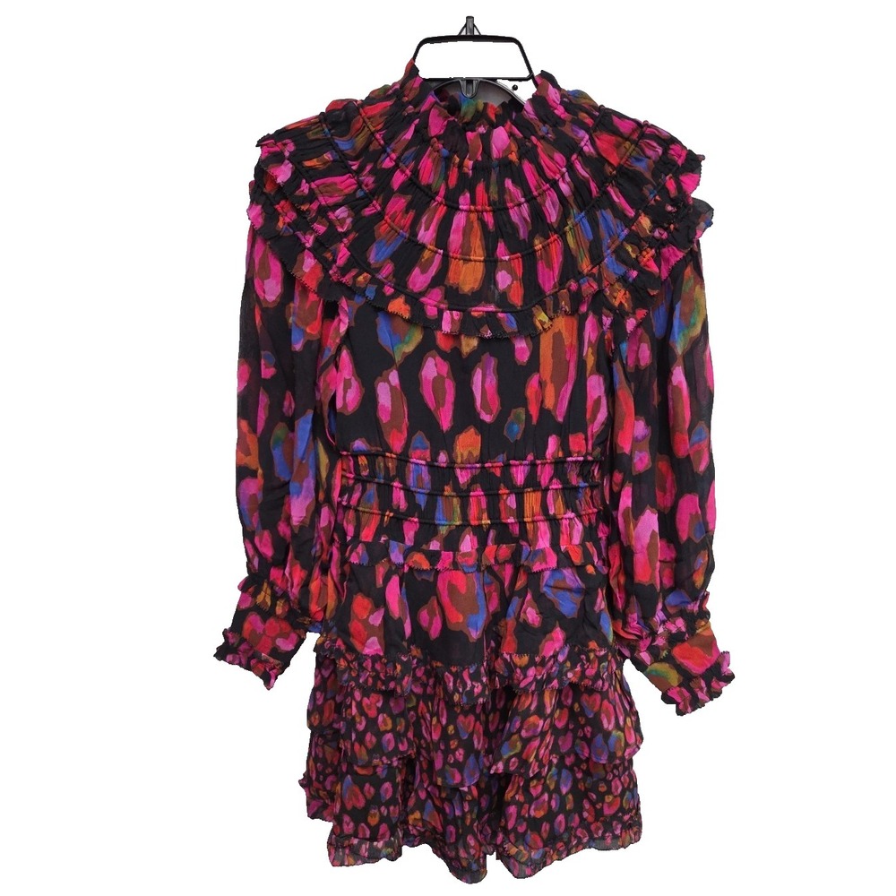 NWT Farm Rio Iridescent XXS Leopard Black Ruffled Mini Dress Vibrant